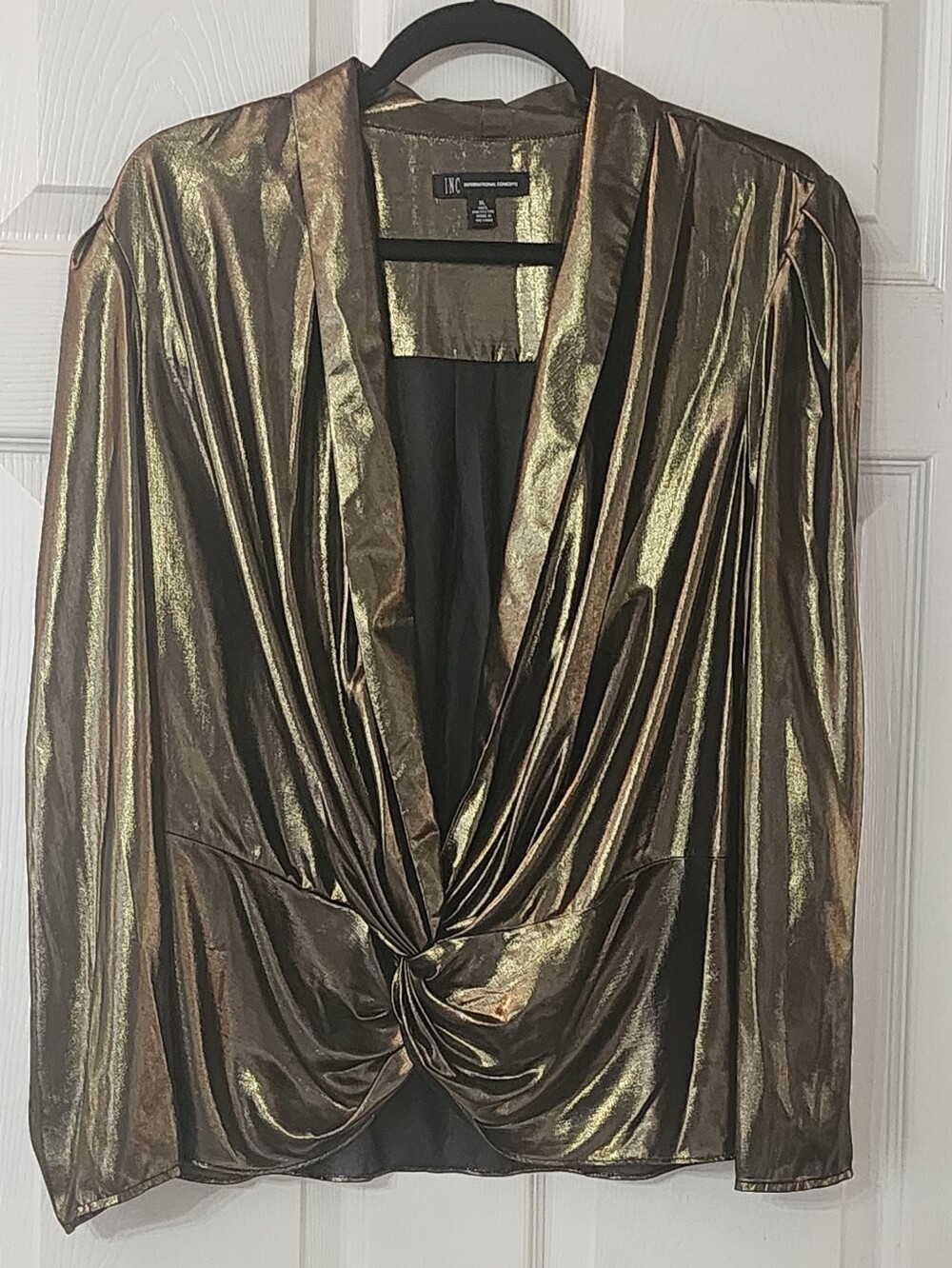 INC Metallic Gold Twist-Front Draped Blouse XL
